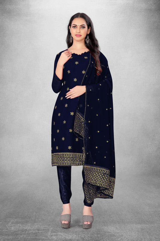 Navy Blue Coloured Georgette with Embroidery Work Women Party/Casual wear Dress Material Suit- Top with Bottom & Georgette Dupatta!!