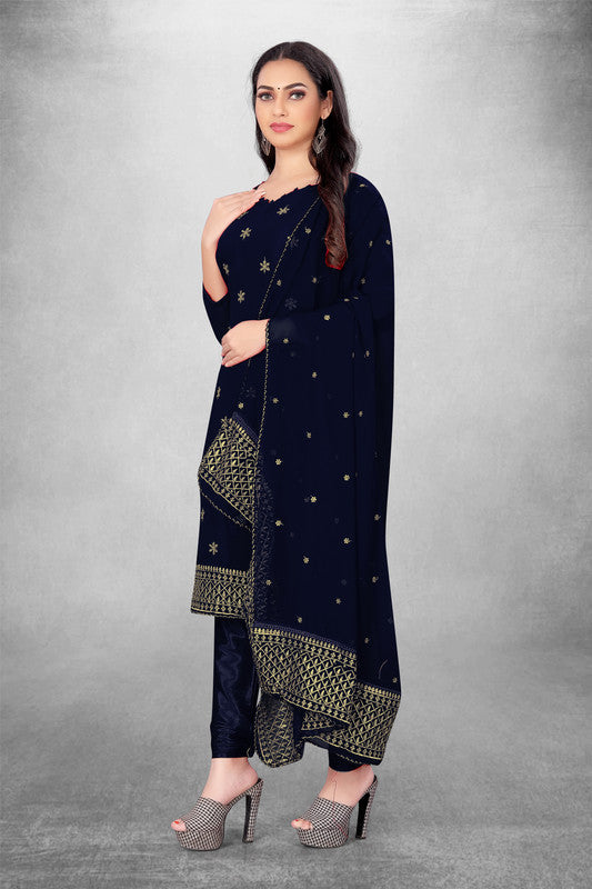 Navy Blue Coloured Georgette with Embroidery Work Women Party/Casual wear Dress Material Suit- Top with Bottom & Georgette Dupatta!!