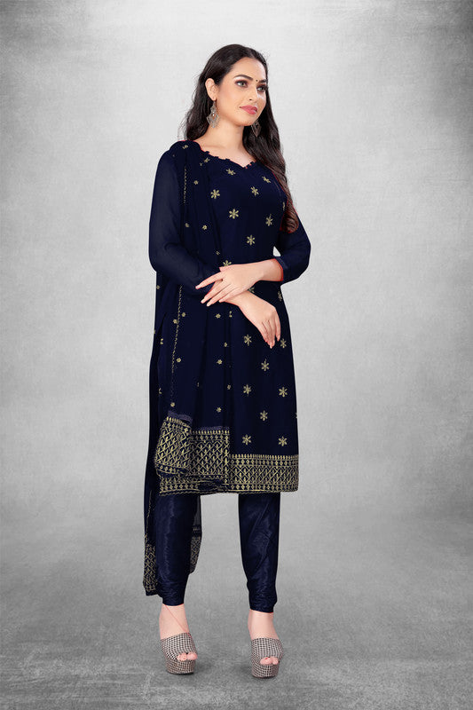 Navy Blue Coloured Georgette with Embroidery Work Women Party/Casual wear Dress Material Suit- Top with Bottom & Georgette Dupatta!!