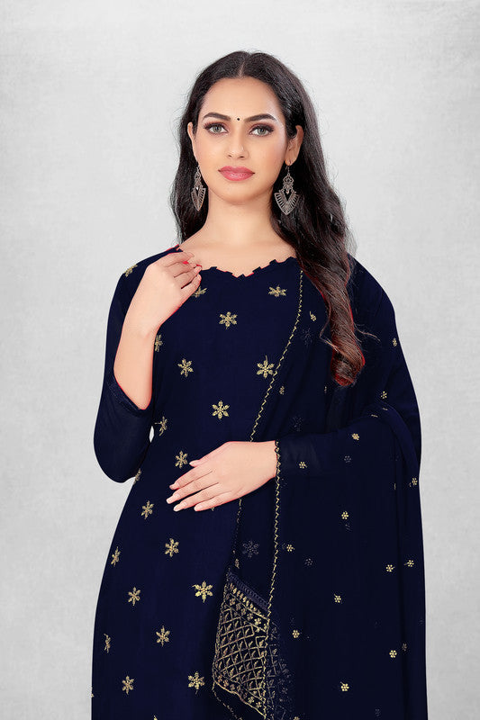 Navy Blue Coloured Georgette with Embroidery Work Women Party/Casual wear Dress Material Suit- Top with Bottom & Georgette Dupatta!!