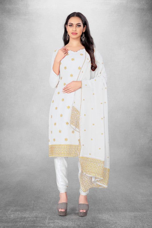 White Coloured Georgette with Embroidery Work Women Party/Casual wear Dress Material Suit- Top with Bottom & Georgette Dupatta!!