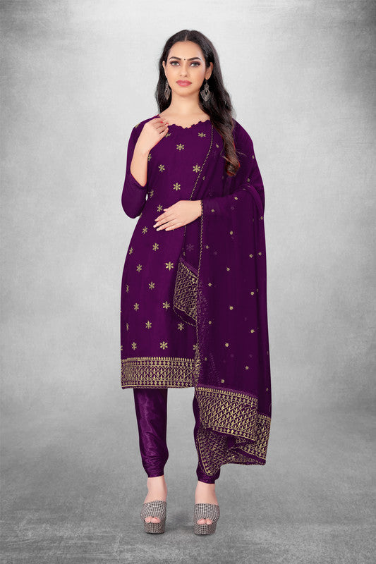 Wine Coloured Georgette with Embroidery Work Women Party/Casual wear Dress Material Suit- Top with Bottom & Georgette Dupatta!!