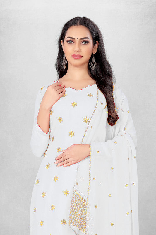 White Coloured Georgette with Embroidery Work Women Party/Casual wear Dress Material Suit- Top with Bottom & Georgette Dupatta!!