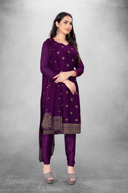 Wine Coloured Georgette with Embroidery Work Women Party/Casual wear Dress Material Suit- Top with Bottom & Georgette Dupatta!!