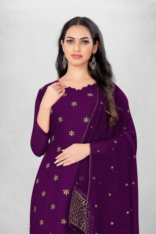 Wine Coloured Georgette with Embroidery Work Women Party/Casual wear Dress Material Suit- Top with Bottom & Georgette Dupatta!!