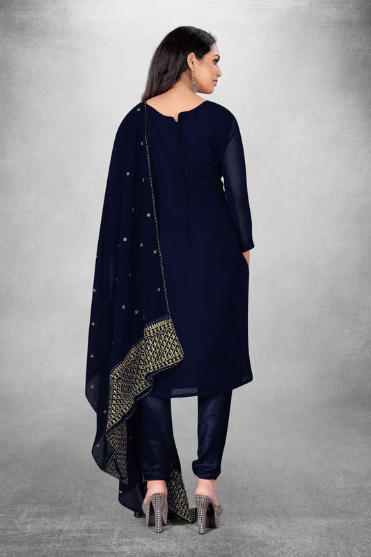 Navy Blue Coloured Georgette with Embroidery Work Women Party/Casual wear Dress Material Suit- Top with Bottom & Georgette Dupatta!!