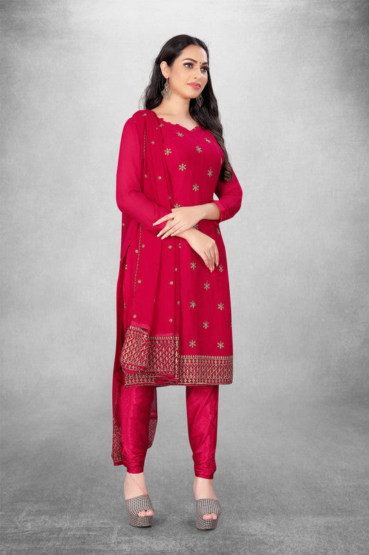 Red Coloured Georgette with Embroidery Work Women Party/Casual wear Dress Material Suit- Top with Bottom & Georgette Dupatta!!