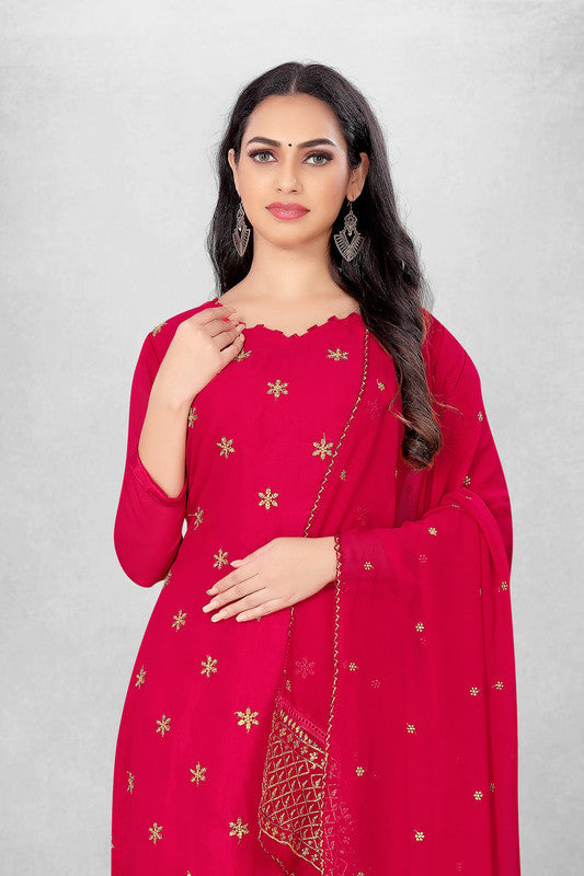 Red Coloured Georgette with Embroidery Work Women Party/Casual wear Dress Material Suit- Top with Bottom & Georgette Dupatta!!