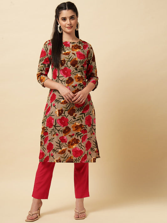 Pink Coloured Designer Printed Stright Rayon Kurti!!