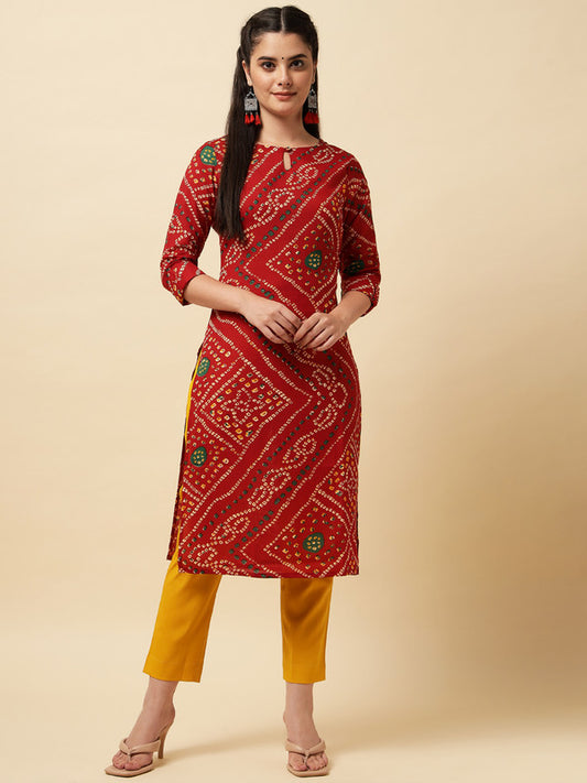 Maroon Coloured Bandhini Printed Stright Rayon Kurti!!