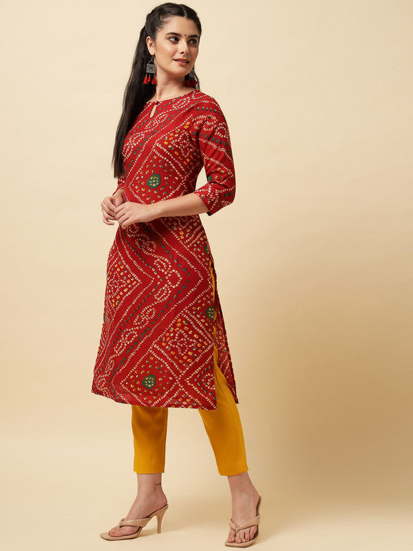 Maroon Coloured Bandhini Printed Stright Rayon Kurti!!