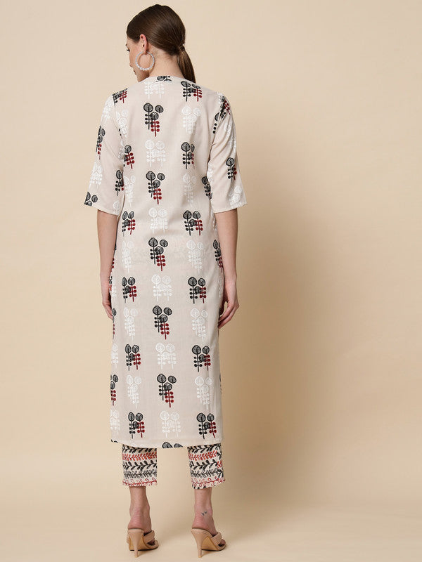 Cream Coloured Designer Printed Stright Rayon Kurti with Pant!!