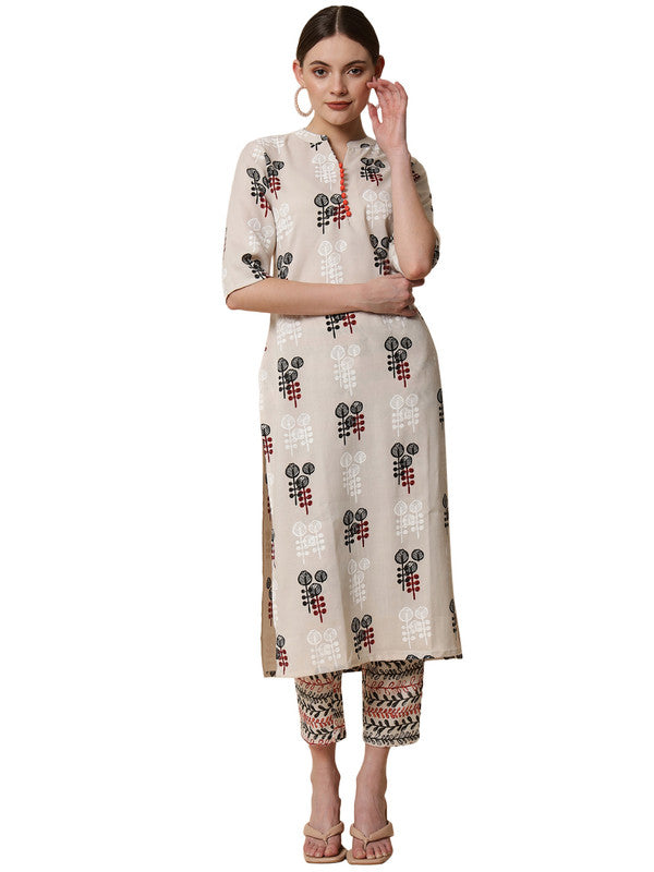 Cream Coloured Designer Printed Stright Rayon Kurti with Pant!!