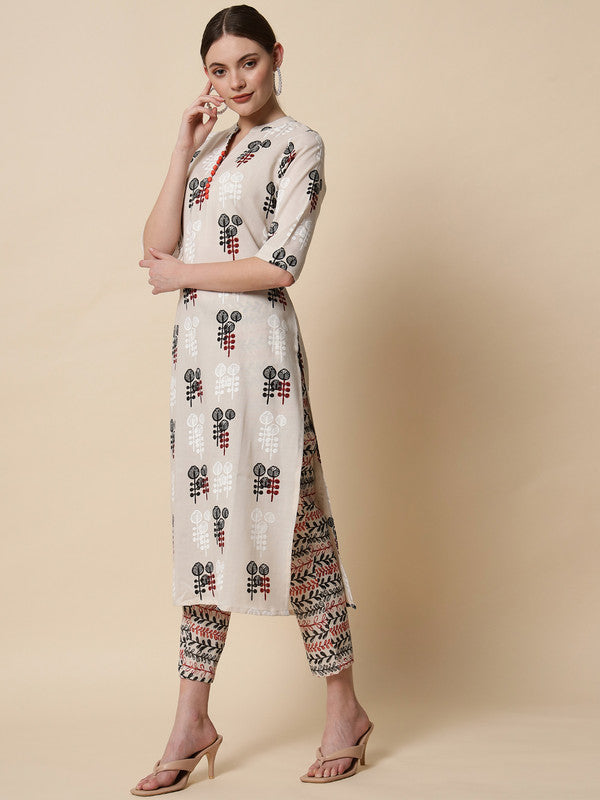 Cream Coloured Designer Printed Stright Rayon Kurti with Pant!!