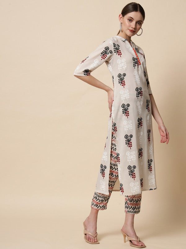 Cream Coloured Designer Printed Stright Rayon Kurti with Pant!!