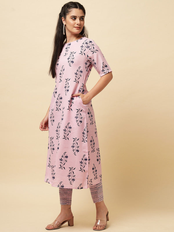 Pink Coloured Designer Printed Stright Rayon Kurti with Pant!!