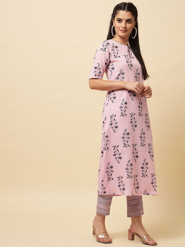 Pink Coloured Designer Printed Stright Rayon Kurti with Pant!!