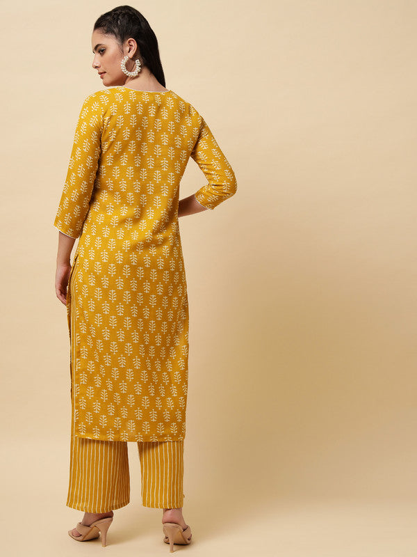 Mustard Coloured Designer Printed Stright Rayon Kurti with Pant!!