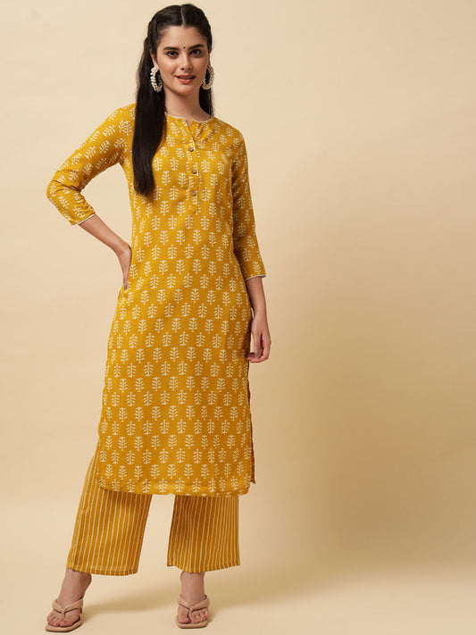 Mustard Coloured Designer Printed Stright Rayon Kurti with Pant!!