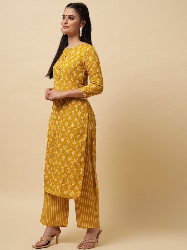 Mustard Coloured Designer Printed Stright Rayon Kurti with Pant!!