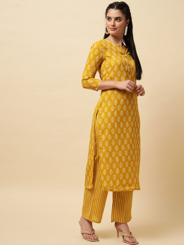 Mustard Coloured Designer Printed Stright Rayon Kurti with Pant!!