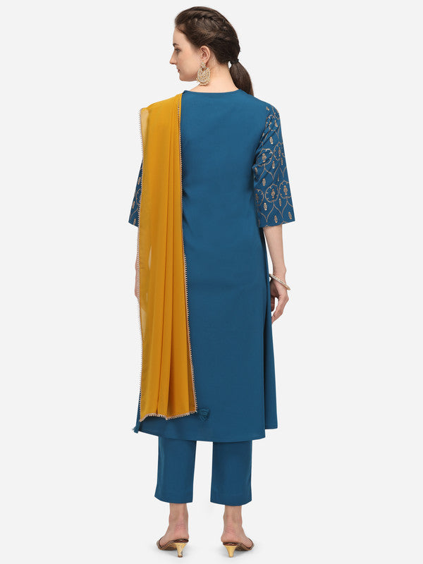 Blue Coloured Designer Printed Crepe/Georgette Kurti with Pant & Dupatta!!