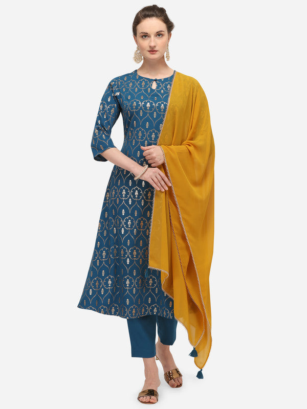 Blue Coloured Designer Printed Crepe/Georgette Kurti with Pant & Dupatta!!