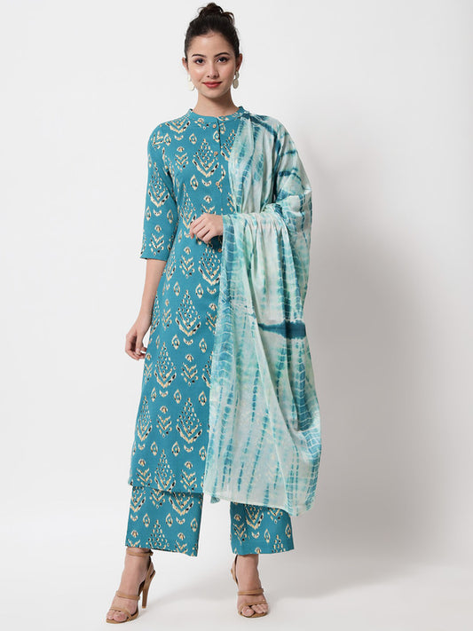 Blue Coloured Designer Printed Crepe/Georgette Kurti with Pant & Dupatta!!