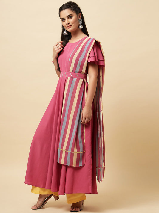 Rose Coloured Designer Printed Crepe/Georgette Kurti with Dupatta!!