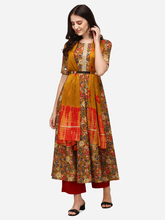 Mustard Coloured Designer Printed Rayon/Chiffon Kurti with Dupatta!!