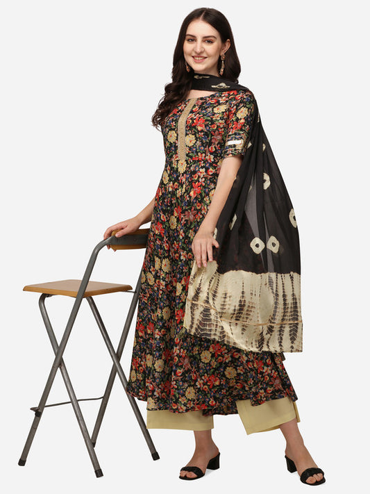 Black Coloured Designer Printed Rayon/Chiffon Kurti with Dupatta!!