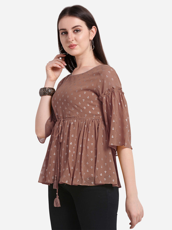 Rose Coloured Designer Round Neck Georgette Short Top!!