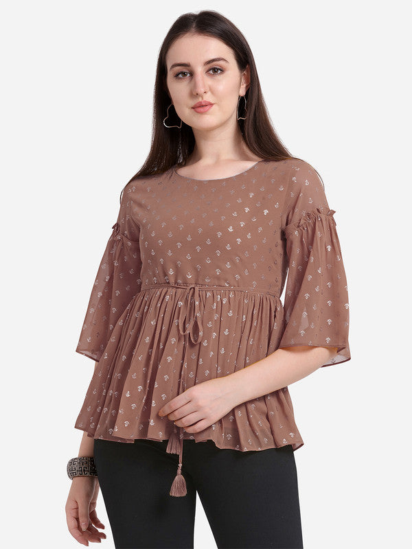 Rose Coloured Designer Round Neck Georgette Short Top!!