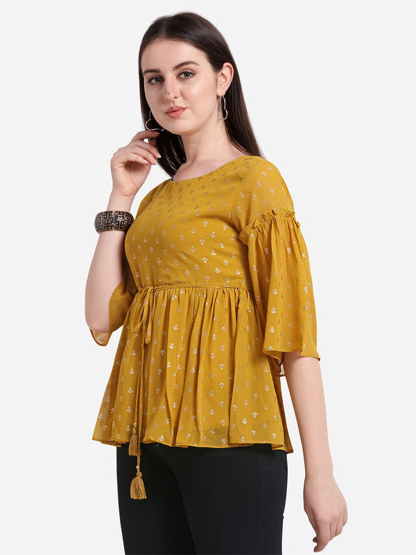 Mustard Coloured Designer Round Neck Georgette Short Top!!