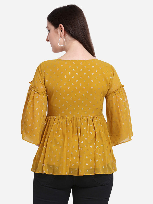 Mustard Coloured Designer Round Neck Georgette Short Top!!