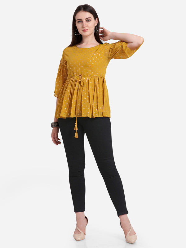 Mustard Coloured Designer Round Neck Georgette Short Top!!