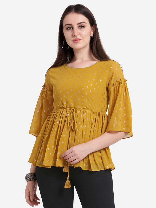 Mustard Coloured Designer Round Neck Georgette Short Top!!