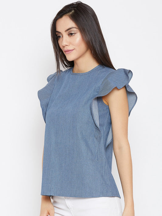 Blue Coloured with Woven Round Neck Short Sleeves Women Party/Daily wear Western Denim Top!!