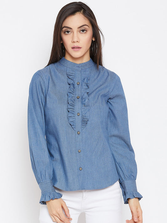 Blue Coloured with Woven Collared Neck long Sleeves Button Closure Women Party/Daily wear Western Denim Top!!