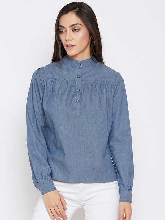 Blue Coloured with Woven Collared Neck long Sleeves Button Closure Women Party/Daily wear Western Denim Top!!