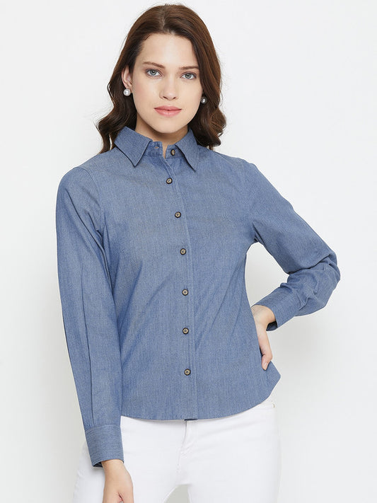 Blue Coloured with Solid Spread Collar Cuffed full sleeves Button Closure Women Party/Daily wear Western Denim Shirt Style Top!!