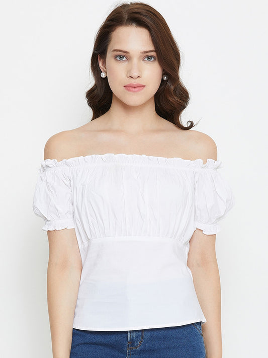 White Coloured with solid Woven off-shoulder Neck short sleeves Women Party/Daily wear Western Bardot Top!!