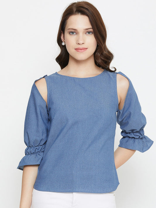 Blue Coloured with Solid Short Sleeves Cutout sleeves short sleeves Round Neck Women Party/Daily wear Western Denim Top!!