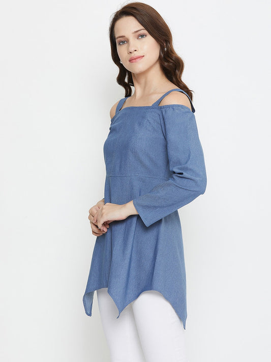 Blue Coloured with Solid Longline off shoulder long sleeves zip closure Women Party/Daily wear Western Denim Top!!