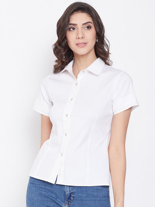 White Coloured with solid short Sleeves Button Closure Spread Collar Women Party/Daily wear Western Poplin shirt style Top!!