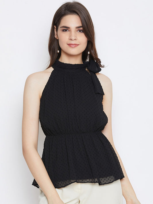 Black Coloured with Woven no sleeves tie-up neck Women Party/Daily wear Western Poplin Self Design Top!!