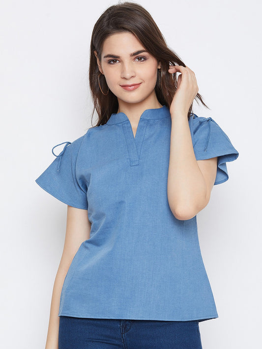 Blue Coloured with solid Collared Neck Short Sleeves tie-up shoulder Women Party/Daily wear Western Denim Top!!