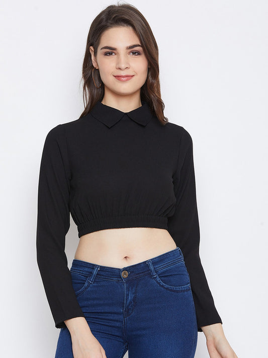 Black Coloured with solid Woven Collared Neck Long Sleeves Zip Closure Women Party/Daily wear Western Crop Top!!