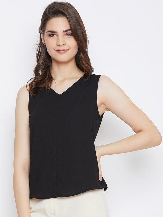 Black Coloured with solid Woven V Neck no sleeves Women Party/Daily wear Western Top!!