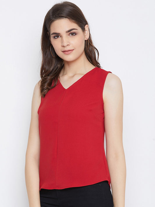 Red Coloured with solid Woven V Neck no sleeves Women Party/Daily wear Western Top!!